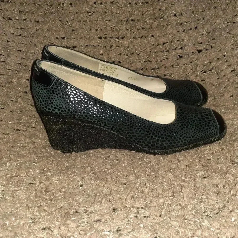 Vintage TED LAPIDUS-Black Suede/Leather Patterned Wedges-Sz 38-Excellent